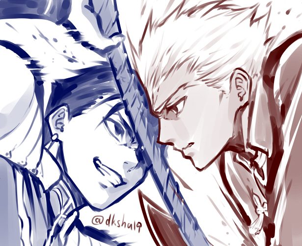 2boys archer clenched_teeth earrings fate/stay_night fate_(series) fighting gae_bolg jewelry kase_daiki lancer monochrome multiple_boys short_hair sketch twitter_username