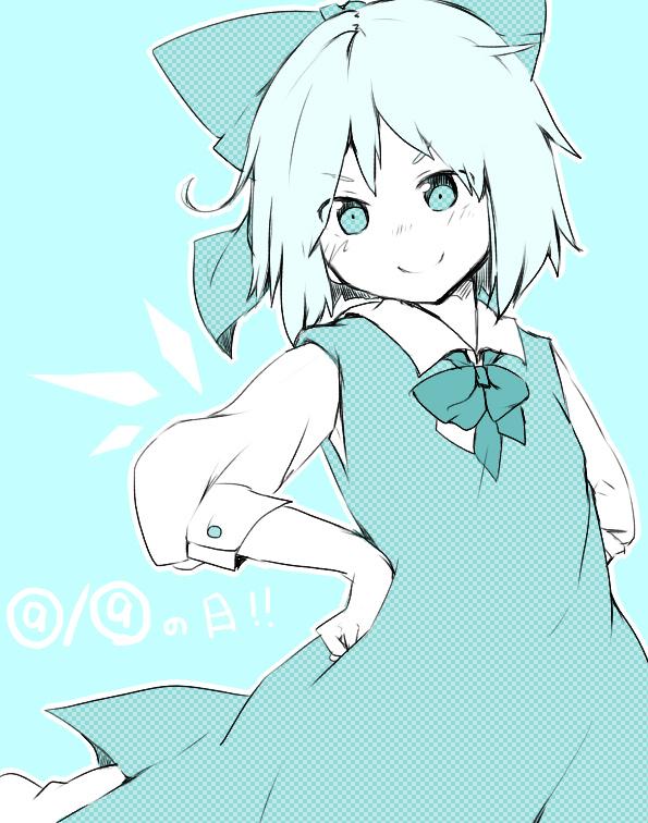 (9) 1girl blue_eyes blue_hair bow cirno dress hair_bow hands_on_hips ice ice_wings ribbon short_hair smile solo touhou wadante wings