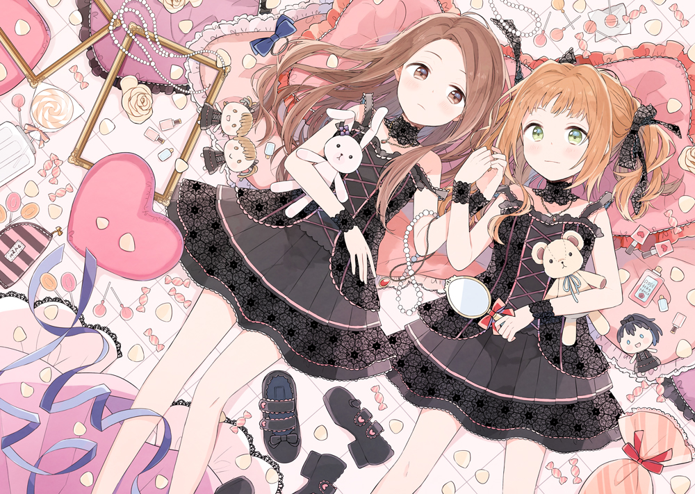 2girls bare_shoulders black_dress brown_eyes brown_hair candy character_doll cushion dress expressionless glowing glowing_eyes gomi_chiri gothic_lolita green_eyes holding_hands idolmaster idolmaster_2 lolita_fashion long_hair looking_at_another looking_to_the_side lying matching_outfit minase_iori multiple_girls object_hug on_back orange_hair short_dress short_twintails takatsuki_yayoi twintails wavy_hair wrist_cuffs