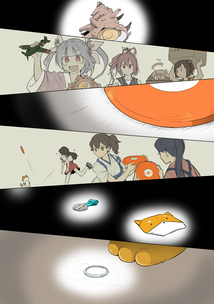 6+girls :d admiral_(kantai_collection) ahoge airplane akagi_(kantai_collection) blue_hair brown_eyes brown_hair comic dog fairy_(kantai_collection) frisbee hair_ornament hair_ribbon holding houshou_(kantai_collection) i-168_(kantai_collection) i-19_(kantai_collection) i-401_(kantai_collection) i-58_(kantai_collection) jewelry kaga_(kantai_collection) kantai_collection long_hair medal military military_uniform multiple_girls naval_uniform open_mouth pleated_skirt ponytail red_eyes redhead ribbon ring school_swimsuit school_uniform serafuku shiba_inu short_hair side_ponytail skirt smile suetake_(kinrui) swimsuit swimsuit_under_clothes tasuki throwing translation_request twintails uniform wedding_band