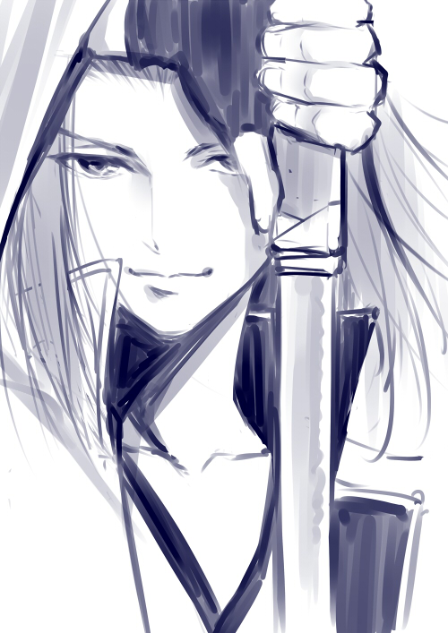 1boy assassin_(fate/stay_night) bust face fate/stay_night fate_(series) kase_daiki katana looking_at_viewer monochrome sheath sketch solo sword unsheathing weapon