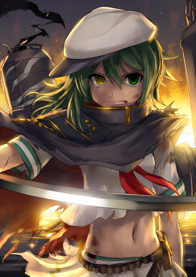 1girl backlighting belt_pouch blood cape ebizome eyepatch eyepatch_removed fire green_eyes green_hair hat heterochromia injury kantai_collection kiso_(kantai_collection) midriff navel sailor_collar skirt solo sword torn_clothes water weapon yellow_eyes