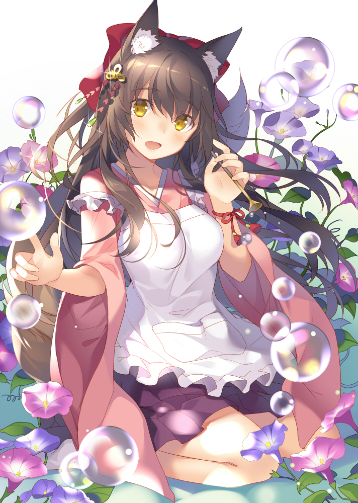 1girl animal_ears apron blush brown_hair bubble bubble_pipe flower fox_ears fox_tail hair_ornament kanzashi long_hair looking_at_viewer original rie_(reverie) seiza sitting solo tail yellow_eyes