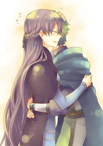 1boy 1girl belly_chain blue_dress cape cloak closed_eyes dress fire_emblem fire_emblem:_fuuin_no_tsurugi green_hair hair_ribbon hand_on_head hug lleu_(fire_emblem) long_hair lowres open_mouth purple_hair ribbon robe serina_ranshi shiny simple_background smile sofiya very_long_hair