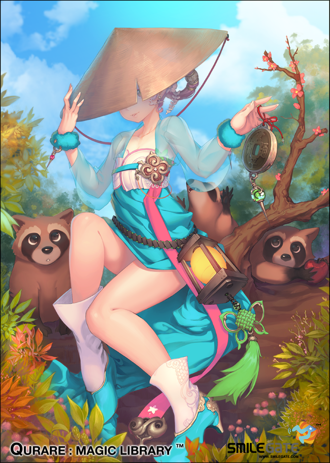 1girl bare_shoulders butterfly clouds hat high_heels lamp na_in-sung purple_hair qurare_magic_library rice_hat see-through sky solo tanuki