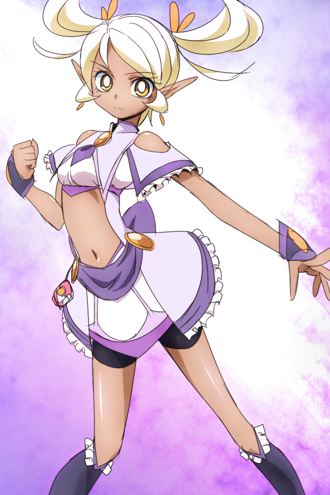 1girl bike_shorts blonde_hair boots bright_pupils crop_top expressionless knee_boots magical_girl manji_(tenketsu) midriff navel original pointy_ears pose precure purple_background short_hair short_twintails shorts_under_skirt skirt solo twintails white_background wrist_cuffs yellow_eyes