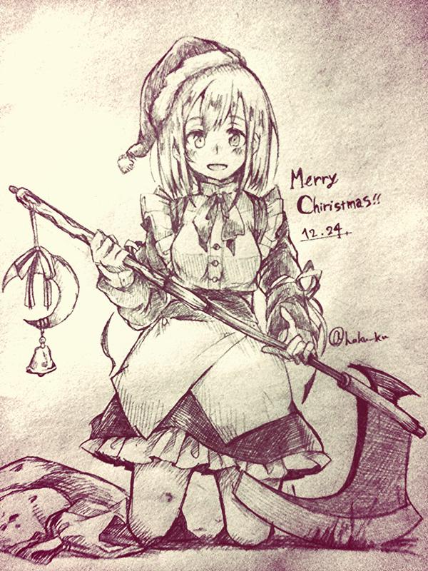 1girl artist_name axe bell blonde_hair bow crescent dated hat maid maid_headdress merry_christmas monochrome mugetsu ribbon sack santa_hat short_hair sketch smile solo touhou touhou_(pc-98) traditional_media wadante weapon