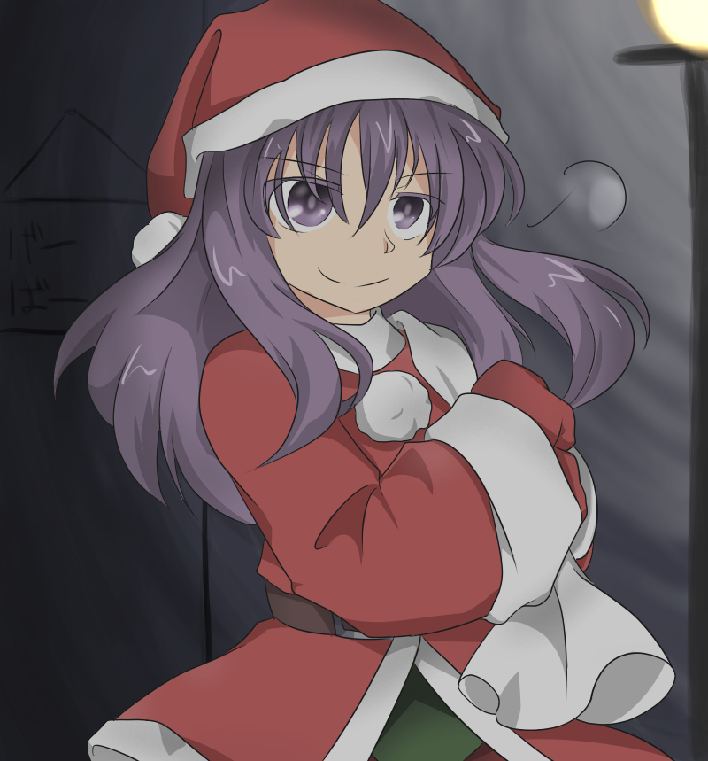 androgynous bag christmas clause gloves hat len'en long_hair namesake purple_hair santa_costume santa_hat smile smirk solo violet_eyes