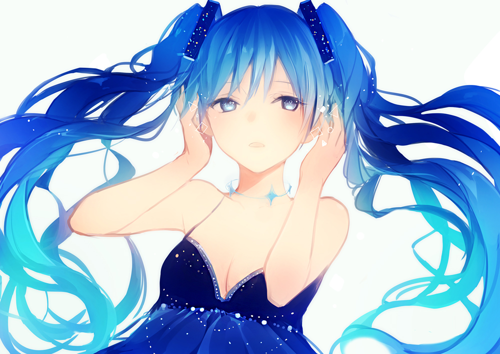 1girl aqua_hair blue_eyes blue_hair hatsune_miku jewelry long_hair lp_(hamasa00) necklace solo twintails vocaloid white_background