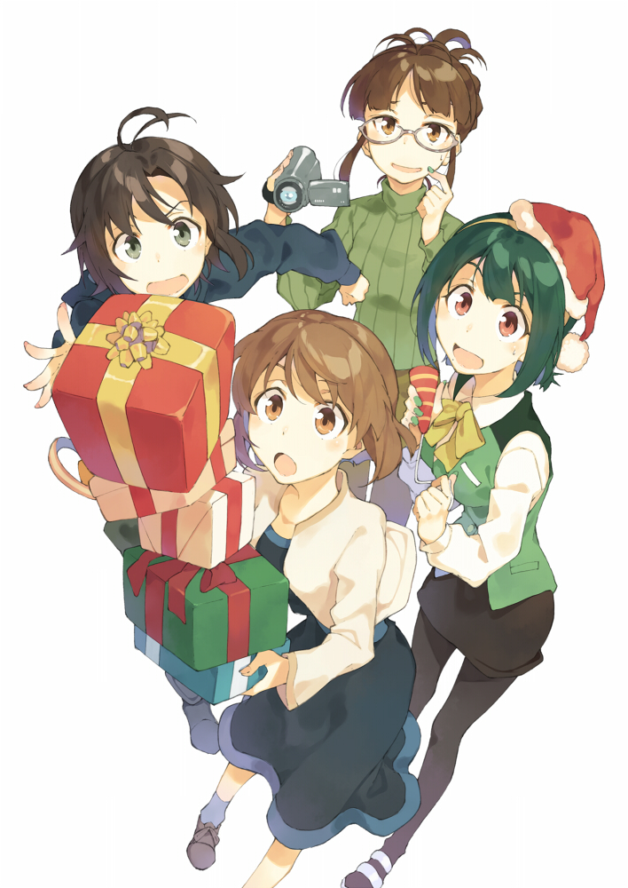 4girls akizuki_ritsuko antenna_hair black_hair bowtie box brown_eyes brown_hair camcorder gift gift_box glasses green_hair hagiwara_yukiho hat idolmaster kikuchi_makoto multiple_girls otonashi_kotori pantyhose red_eyes ribbed_sweater santa_hat short_hair sweater t-okada white_background