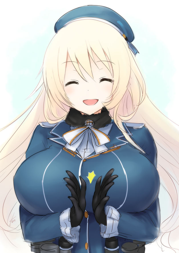 1girl :d ^_^ atago_(kantai_collection) black_gloves blonde_hair breasts choker clapping closed_eyes ebizome gloves hat kantai_collection large_breasts long_hair military military_uniform open_mouth smile solo uniform
