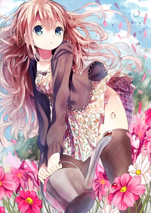 1girl bent_over blue_eyes brown_hair carrying flower long_hair looking_at_viewer opopowa original petals solo watering_can wind