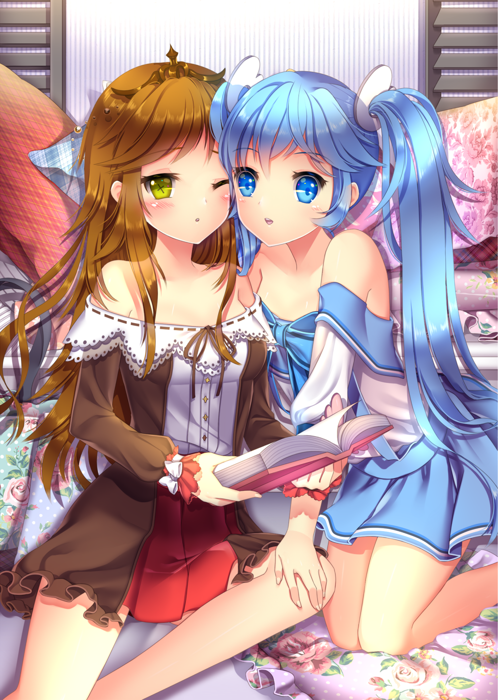 2girls agrt bare_shoulders blue_eyes blue_hair blush brown_hair cross dress flower hand_on_another's_knee highres multiple_girls one_eye_closed open_mouth sitting skirt smile sword_girls symbol-shaped_pupils twintails yellow_eyes yuri