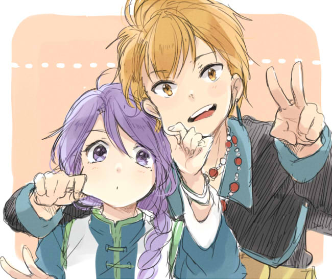 2boys androgynous blonde_hair braid bust cheek_pinching fushigi_yuugi long_hair looking_at_viewer male_focus mole multiple_boys nuriko_(fushigi_yuugi) open_mouth orange_eyes pinching purple_hair short_hair tasuki_(fushigi_yuugi) tomo_(sjim) trap v