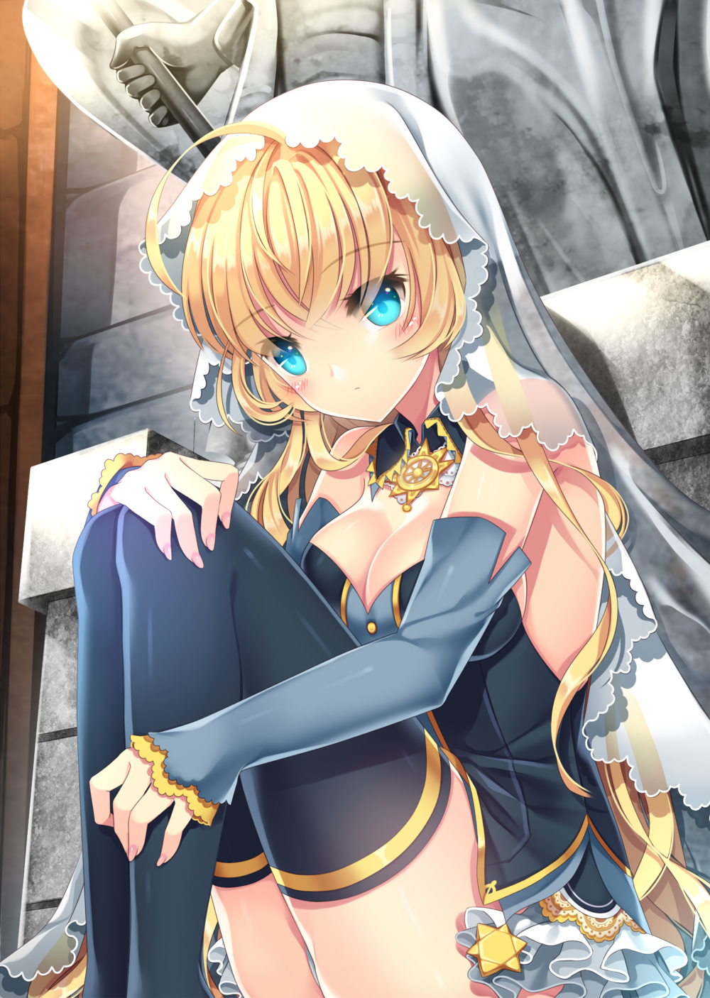 1girl agrt bare_shoulders blonde_hair blue_eyes breasts cleavage detached_collar detached_sleeves frills helena_k_sink highres long_hair sitting solo star statue sword_girls thigh-highs veil very_long_hair