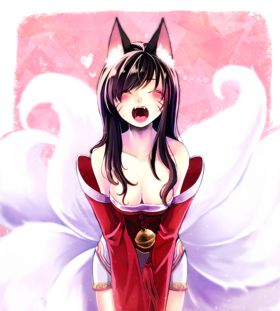 1girl ahri animal_ears blue_hair breasts closed_eyes detached_sleeves fangs fox_ears fox_girl fox_tail korean_clothes large_breasts league_of_legends leaning_forward long_hair mizoreame multiple_tails off_shoulder open_mouth solo tail v_arms whisker_markings wide_sleeves