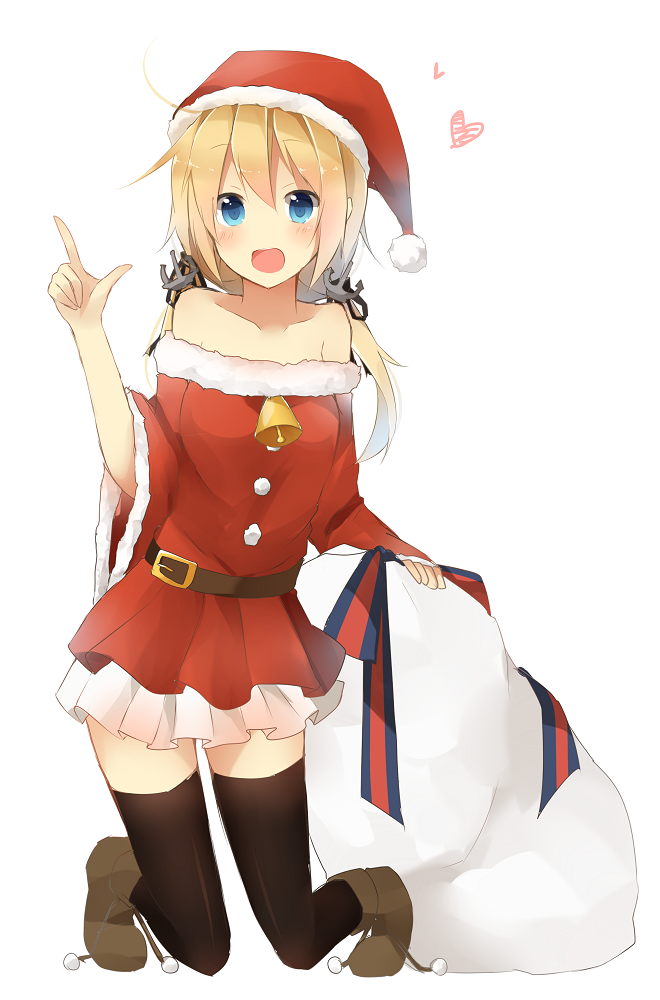 1girl :d bare_shoulders bell black_legwear blonde_hair blue_eyes blush fur_trim hat kantai_collection kneeling long_hair looking_at_viewer low_twintails open_mouth pointing pointing_up prinz_eugen_(kantai_collection) sack santa_costume santa_hat satou_saya smile solo thigh-highs twintails
