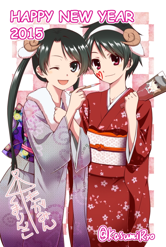 2girls ai_ai_gasa black_hair blush character_print face_painting facepaint hagoita hair_ornament hairband hanetsuki horns japanese_clothes kantai_collection kasumi_ryou kimono long_hair mikuma_(kantai_collection) mogami_(kantai_collection) multiple_girls nengajou new_year one_eye_closed open_mouth paddle paintbrush red_eyes ryuujou_(kantai_collection) short_hair smile twintails twitter_username