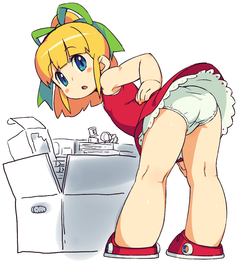 :o aqua_eyes bent_over blonde_hair box hair_ribbon hand_on_hip looking_back om_(artist) open_mouth panties ribbon robot rockman roll short_hair simple_background skirt sleeveless solo underwear white_background white_panties