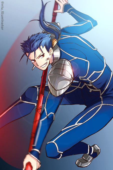 1boy blue_hair earrings fate/stay_night fate_(series) gae_bolg jewelry lancer long_hair niu_illuminator polearm ponytail red_eyes solo spear weapon
