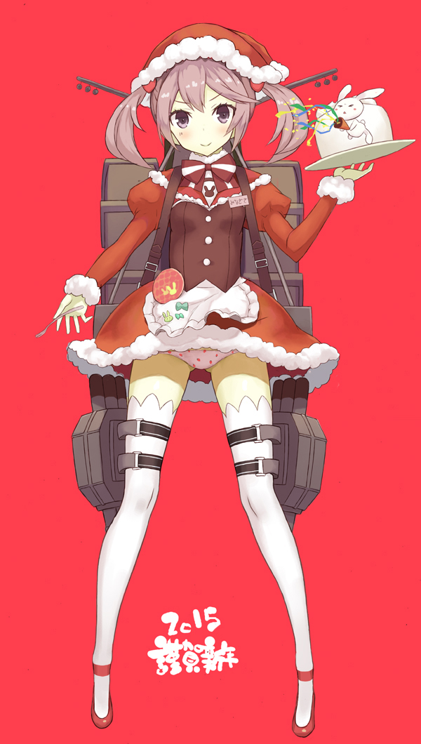 1girl 2015 apron cake dress food full_body fur_trim goekawa hair_bobbles hair_ornament hat kantai_collection long_sleeves looking_at_viewer machinery maid maid_apron panties pantyshot pantyshot_(standing) pink_eyes pink_hair pink_panties print_panties puffy_long_sleeves puffy_sleeves rabbit red_background red_dress santa_costume santa_hat sazanami_(kantai_collection) simple_background skirt skirt_lift spoon standing strawberry_panties strawberry_print thigh-highs twintails underwear white_legwear