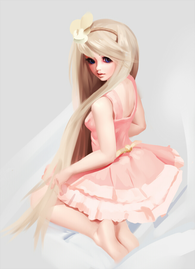 1girl back barefoot blonde_hair blue_eyes dress flower from_behind hair_flower hair_ornament hairband kyle_(kairunoburogu) lips long_hair looking_back nose original pink_dress seiza simple_background sitting small_breasts soles solo very_long_hair