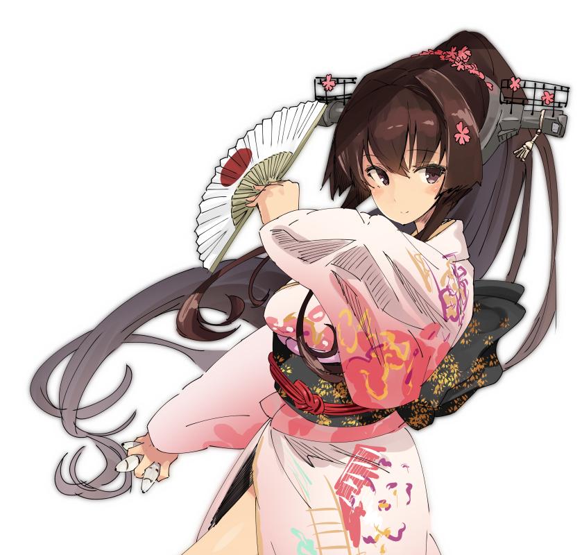 1girl alternate_costume between_fingers blush brown_eyes brown_hair cherry_blossoms fan floral_print flower folding_fan hair_flower hair_intakes hair_ornament headgear iwasaki_takashi japanese_clothes kantai_collection kimono long_hair long_sleeves obi ponytail sash side_slit simple_background smile solo very_long_hair wide_sleeves yamato_(kantai_collection)