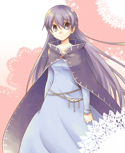 1girl belly_chain blue_dress cloak dress expressionless fire_emblem fire_emblem:_fuuin_no_tsurugi long_hair looking_at_viewer lowres purple_hair serina_ranshi simple_background sofiya solo very_long_hair violet_eyes