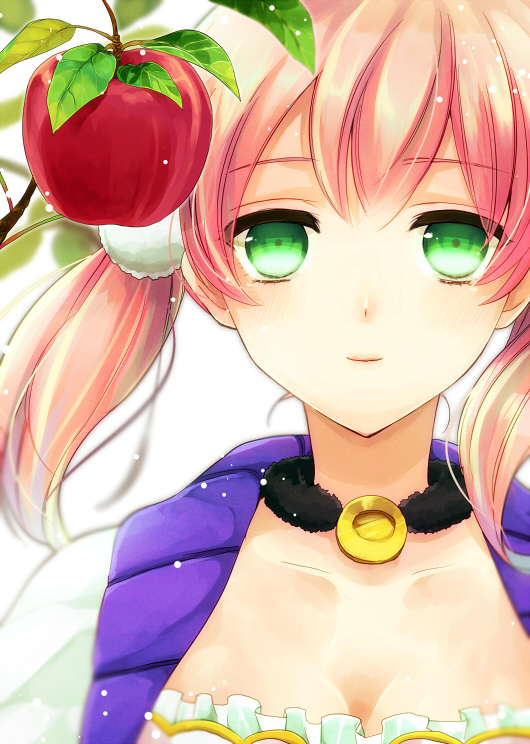 1girl apple atelier_(series) atelier_escha_&amp;_logy bust choker escha_malier food fruit green_eyes leaf nagonmaou pink_hair short_hair short_twintails smile solo twintails white_background