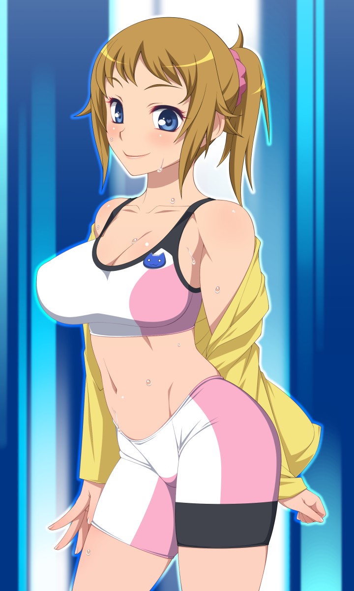 1girl asakura_sakura bare_shoulders bike_shorts blue_eyes blush breasts brown_hair gundam gundam_build_fighters gundam_build_fighters_try heart heart-shaped_pupils highres hoshino_fumina jacket large_breasts long_hair looking_at_viewer midriff navel ponytail scrunchie smile solo sports_bra sweat symbol-shaped_pupils