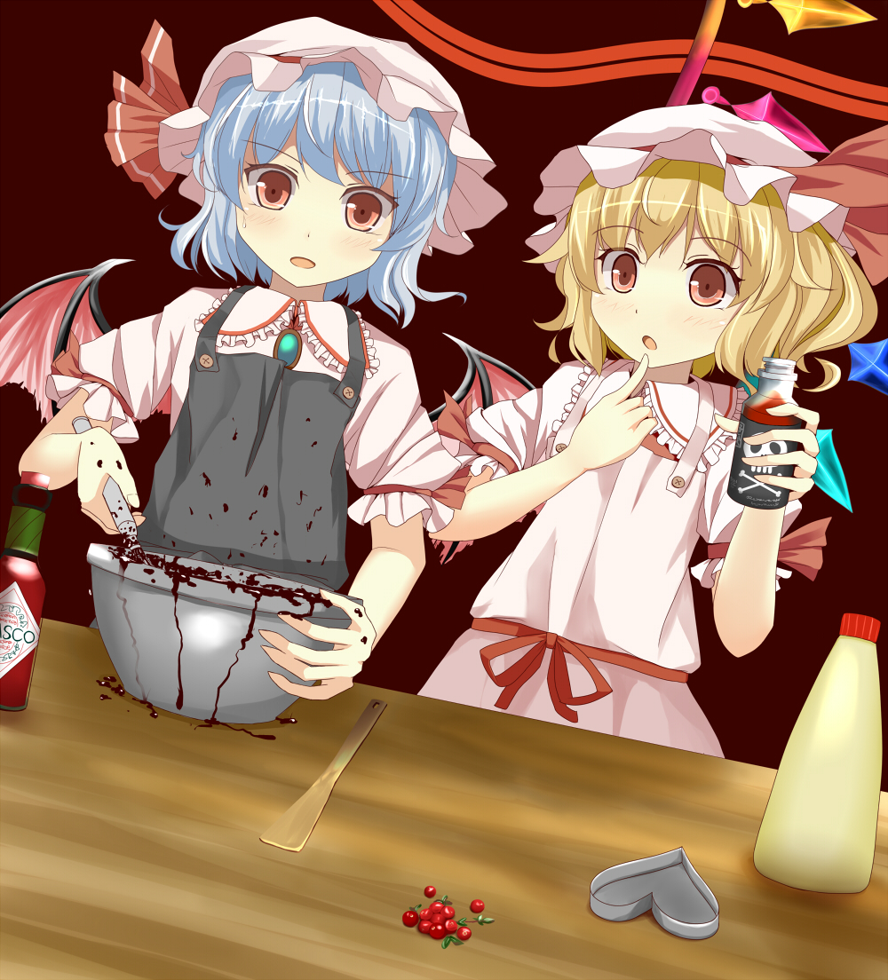 2girls apron bat_wings berries blonde_hair blue_hair bowl brooch bunchou_(bunchou3103) chocolate chocolate_making dutch_angle finger_to_chin flandre_scarlet hat hat_ribbon heart jewelry looking_at_viewer mayonnaise messy mob_cap multiple_girls open_mouth red_background red_eyes remilia_scarlet ribbon short_sleeves siblings sisters skull_and_crossbones sweatdrop tabasco table touhou wings