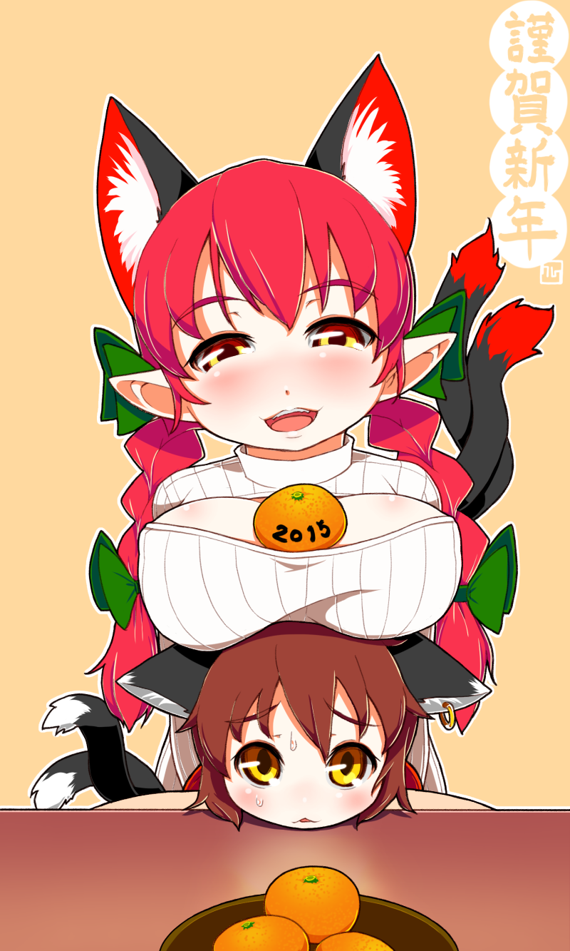 2girls alternate_costume animal_ears blush braid breast_rest breasts breasts_on_head brown_hair cat_ears cat_tail chen cleavage cleavage_cutout extra_ears food fruit highres jewelry kaenbyou_rin large_breasts long_hair looking_at_viewer mandarin_orange multiple_girls multiple_tails object_on_breast open-chest_sweater open_mouth pointy_ears red_eyes redhead ribbed_sweater short_hair smile sweater tail torque touhou turtleneck turtleneck_sweater twin_braids yellow_eyes