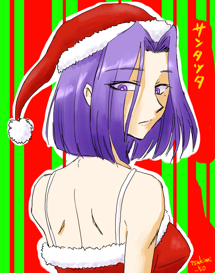 1girl christmas hat kantai_collection mechanical_halo purple_hair santa_costume santa_hat short_hair solo tatsuta_(kantai_collection) tsukimi_50