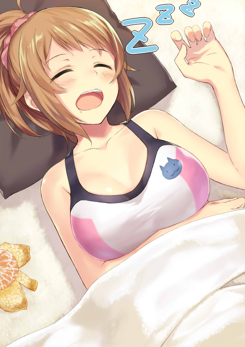 1girl bare_arms bare_shoulders blanket breasts brown_hair cccpo closed_eyes collarbone food fruit gundam gundam_build_fighters gundam_build_fighters_try highres hoshino_fumina large_breasts mandarin_orange open_mouth pillow ponytail revision scrunchie sleeping solo sports_bra zzz