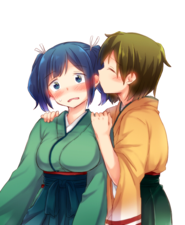 2girls biting blue_eyes blue_hair blush breasts bust closed_eyes ear_biting green_hair hair_ribbon hands_on_another's_shoulders hiryuu_(kantai_collection) japanese_clothes kantai_collection kimono kiss large_breasts looking_at_viewer misocha multiple_girls open_mouth ribbon short_twintails simple_background souryuu_(kantai_collection) twintails white_background yuri
