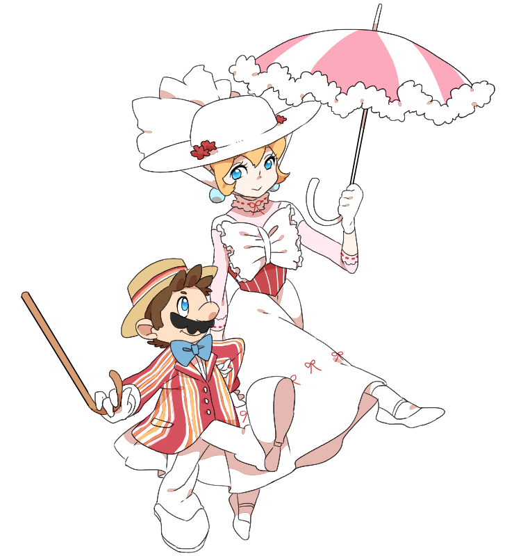 1boy 1girl blue_eyes cane cosplay couple dress gloves hat holding_hands mario mary_poppins parasol princess_peach riomario smile striped_suit super_mario_bros. umbrella