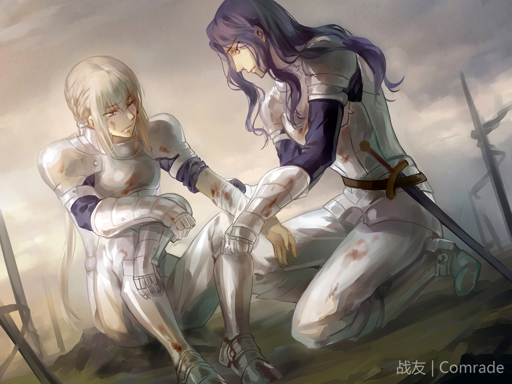 2boys armor bedivere berserker_(fate/zero) blonde_hair blood fate/stay_night fate/zero fate_(series) kanmuri_(hanyifan30338) knight multiple_boys purple_hair sword weapon wince