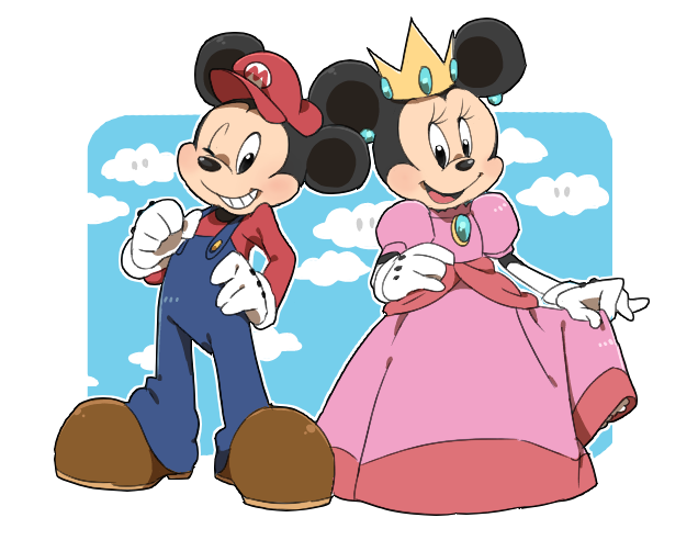 1boy 1girl animal cosplay disney dress gloves hat mammal mario mario_(cosplay) mickey_mouse mickey_mouse_(series) minnie_mouse mouse nintendo no_humans one_eye_closed overalls princess_peach princess_peach_(cosplay) riomario smile super_mario_bros. trait_connection