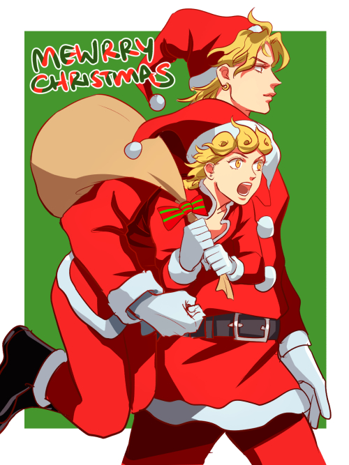 2boys blonde_hair christmas dio_brando father_and_son giorno_giovanna gloves jojo_no_kimyou_na_bouken magatsumagic multiple_boys pun sack santa_costume wryyyyyyyyyyyyyyyyyyyy