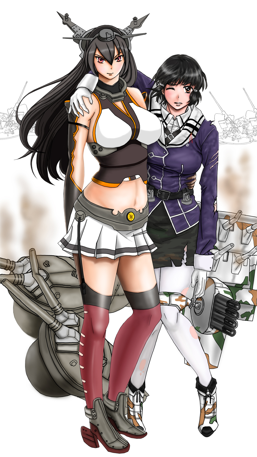 2girls bare_shoulders black_hair breasts elbow_gloves gloves hair_ornament hairband headgear highres kantai_collection large_breasts long_hair metal_s multiple_girls myoukou_(kantai_collection) nagato_(kantai_collection) pantyhose red_eyes short_hair shoulder_support torn_clothes torn_pantyhose uniform