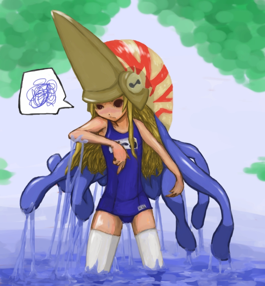 1girl blonde_hair blue_swimsuit blush capcom_fighting_jam flat_chest genderswap helmet hill_(asyomoho) long_hair midnight_bliss nool one-piece_swimsuit red_eyes school_swimsuit solo spoken_squiggle squiggle swimsuit tentacles thigh-highs wading warzard wet white_legwear
