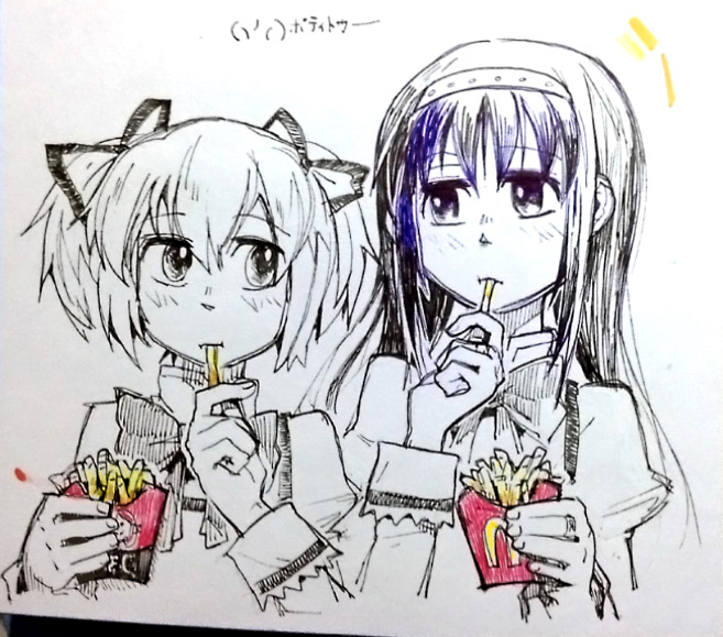 2girls akemi_homura bow eating feeding french_fries hair_ribbon hairband jewelry kaname_madoka kfc long_hair looking_at_another mahou_shoujo_madoka_magica mahou_shoujo_madoka_magica_movie mcdonald's multiple_girls ribbon ring school_uniform sharing_food short_twintails silverxp sketch spot_color translation_request twintails