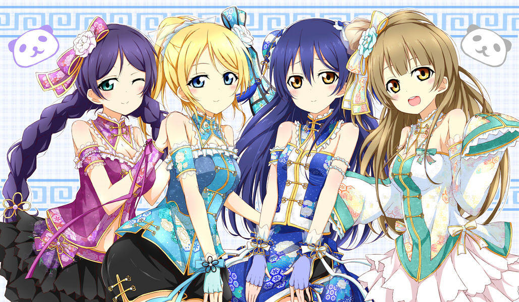 4girls aqua_eyes arm_strap ayase_eli bare_shoulders blonde_hair blue_gloves blue_hair bow bracelet braid breasts brown_eyes bun_cover chinese_clothes cleavage detached_sleeves double_bun fingerless_gloves floral_print flower gloves hair_bow hair_bun hair_flower hair_ornament jewelry karamoneeze light_brown_hair long_hair long_sleeves love_live!_school_idol_project midriff minami_kotori miniskirt multiple_girls navel one_side_up open_mouth panda ponytail purple_hair revision shirt side_slit skirt sleeveless sleeveless_shirt sleeves_past_wrists smile sonoda_umi toujou_nozomi twin_braids very_long_hair wrist_cuffs