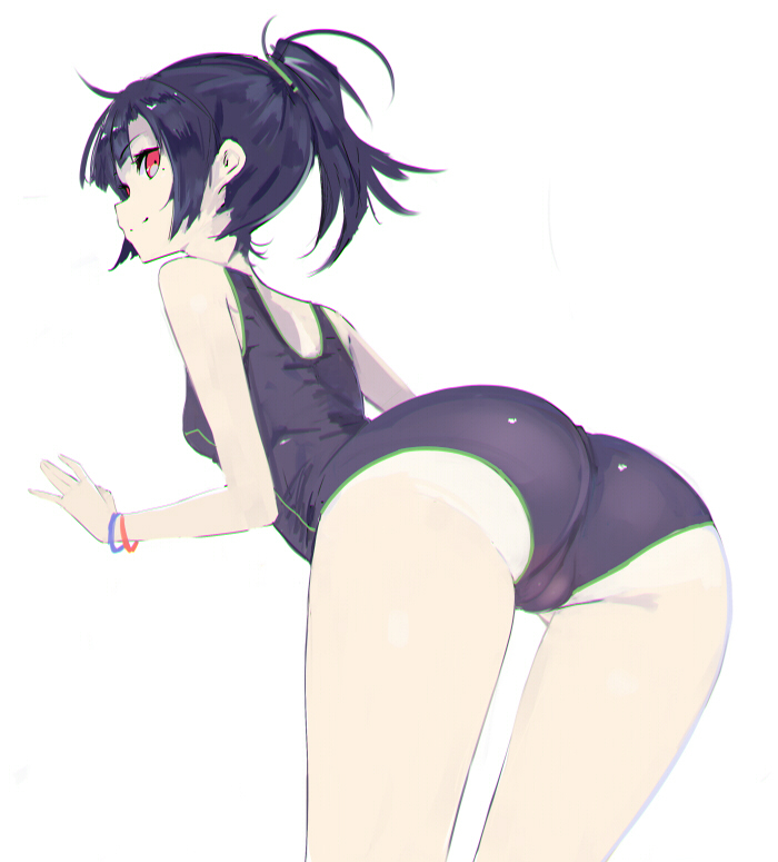 1girl ass black_hair bracelet competition_swimsuit fenrirr from_behind jewelry leaning_forward long_hair looking_at_viewer looking_back mole one-piece_swimsuit original ponytail red_eyes smile solo swimsuit