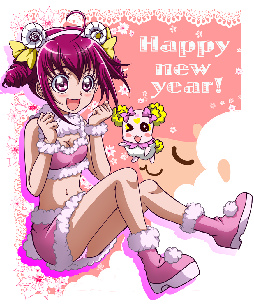 1girl :d ;d bow candy_(smile_precure!) creature hair_bow hairband hanzou happy_new_year horns hoshizora_miyuki new_year one_eye_closed open_mouth panties pantyshot pink_eyes pink_hair pink_panties pink_skirt precure sheep_horns shoes short_hair short_twintails sitting skirt smile smile_precure! twintails underwear wool