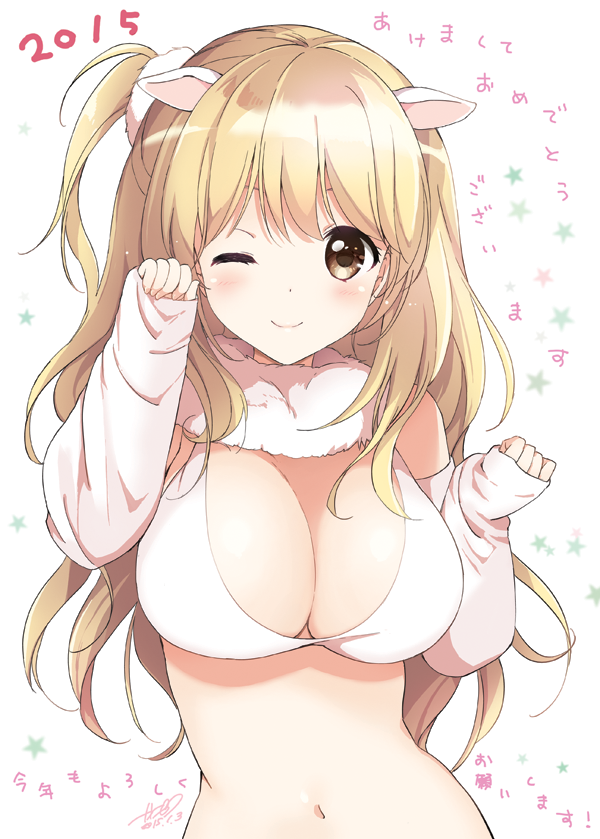 1girl ;) bikini blonde_hair blush breasts cleavage detached_sleeves hair_ornament horns kurimomo large_breasts long_hair looking_at_viewer navel one_eye_closed one_side_up sheep_horns sleeves_past_wrists smile solo swimsuit white_bikini white_swimsuit yellow_eyes
