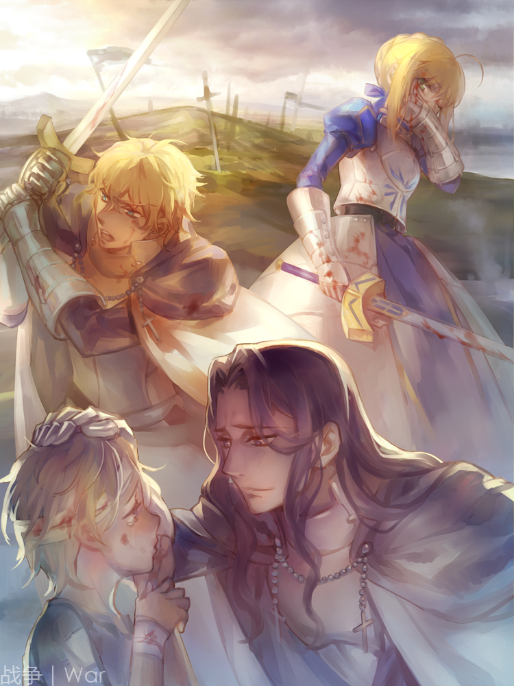 1girl 3boys armor berserker_(fate/zero) blood blood_on_face excalibur fate/extra fate/stay_night fate/zero fate_(series) field_of_blades gawain_(fate/extra) kanmuri_(hanyifan30338) knight multiple_boys saber