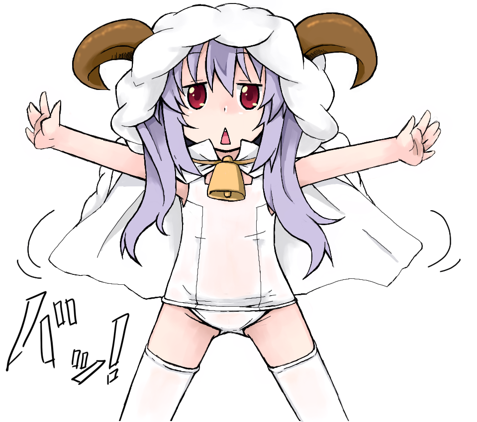 1girl animal_costume animal_hood bell hood horns long_hair miyauchi_renge non_non_biyori outstretched_arms purple_hair red_eyes sasa1020 school_swimsuit sheep_costume spread_arms swimsuit thigh-highs twintails white_school_swimsuit white_swimsuit