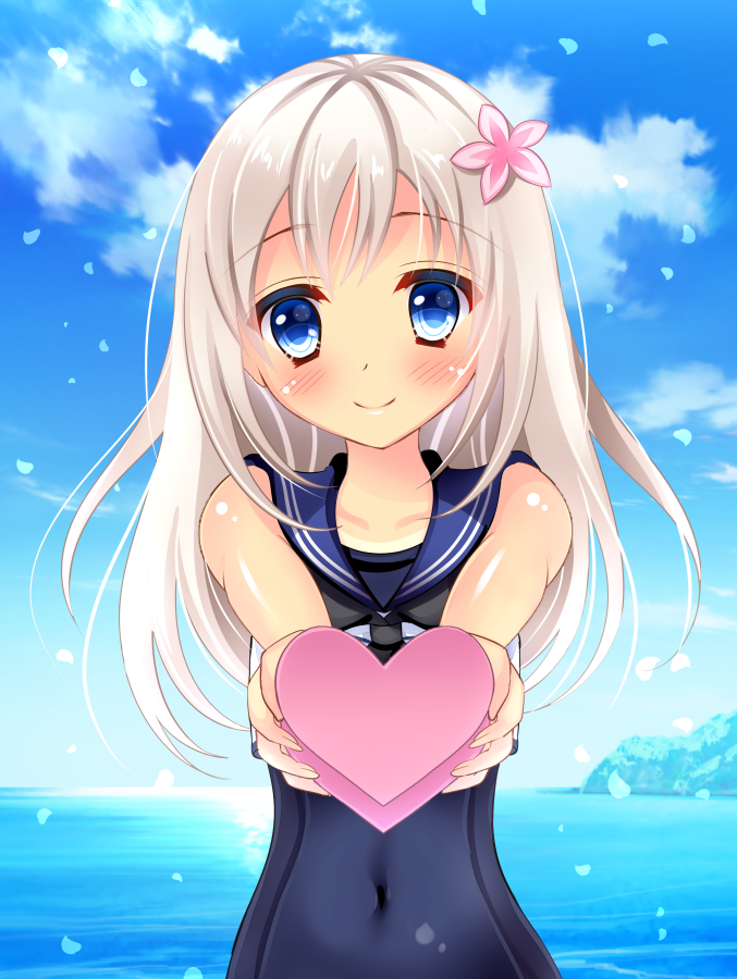 1girl blonde_hair blue_eyes blue_sky blush bust clouds collarbone covered_navel crop_top flower giving hair_flower hair_ornament heart kantai_collection looking_at_viewer petals ro-500_(kantai_collection) sailor_collar school_swimsuit sky sleeveless sleeveless_shirt smile solo swimsuit swimsuit_under_clothes u-511_(kantai_collection) valentine water yuzukaze_rio