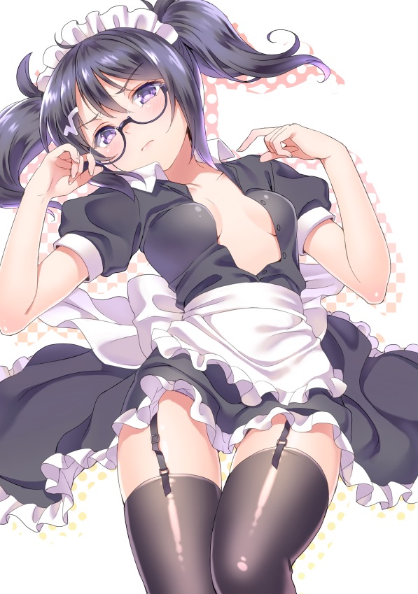 1girl apron black_hair blush frown garter_straps glasses lying maid maid_apron maid_headdress open_clothes open_shirt pop'n_music root@chou_dou-ken shiny shiny_clothes short_twintails shouni_(sato3) small_breasts solo thigh-highs twintails violet_eyes